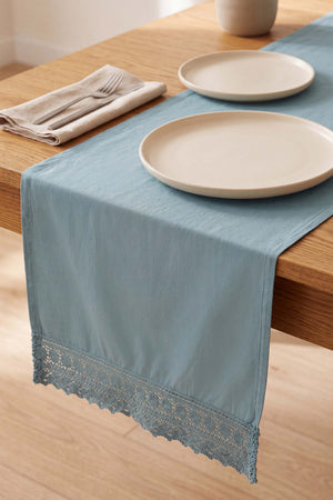 Mineral Blue Lacy Pamuklu Dantelli Runner 40x150 cm