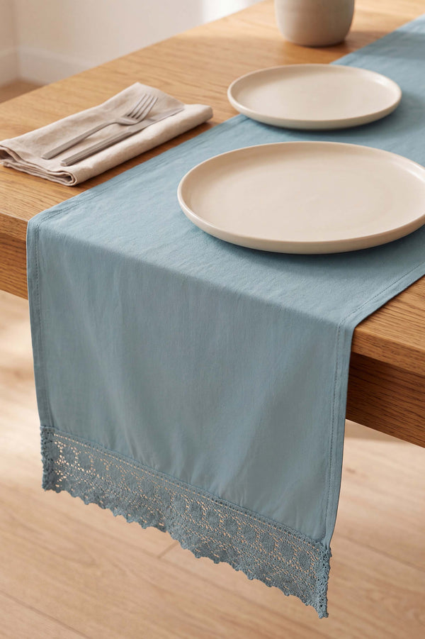 Mineral Blue Lacy Pamuklu Dantelli Runner 40x150 cm