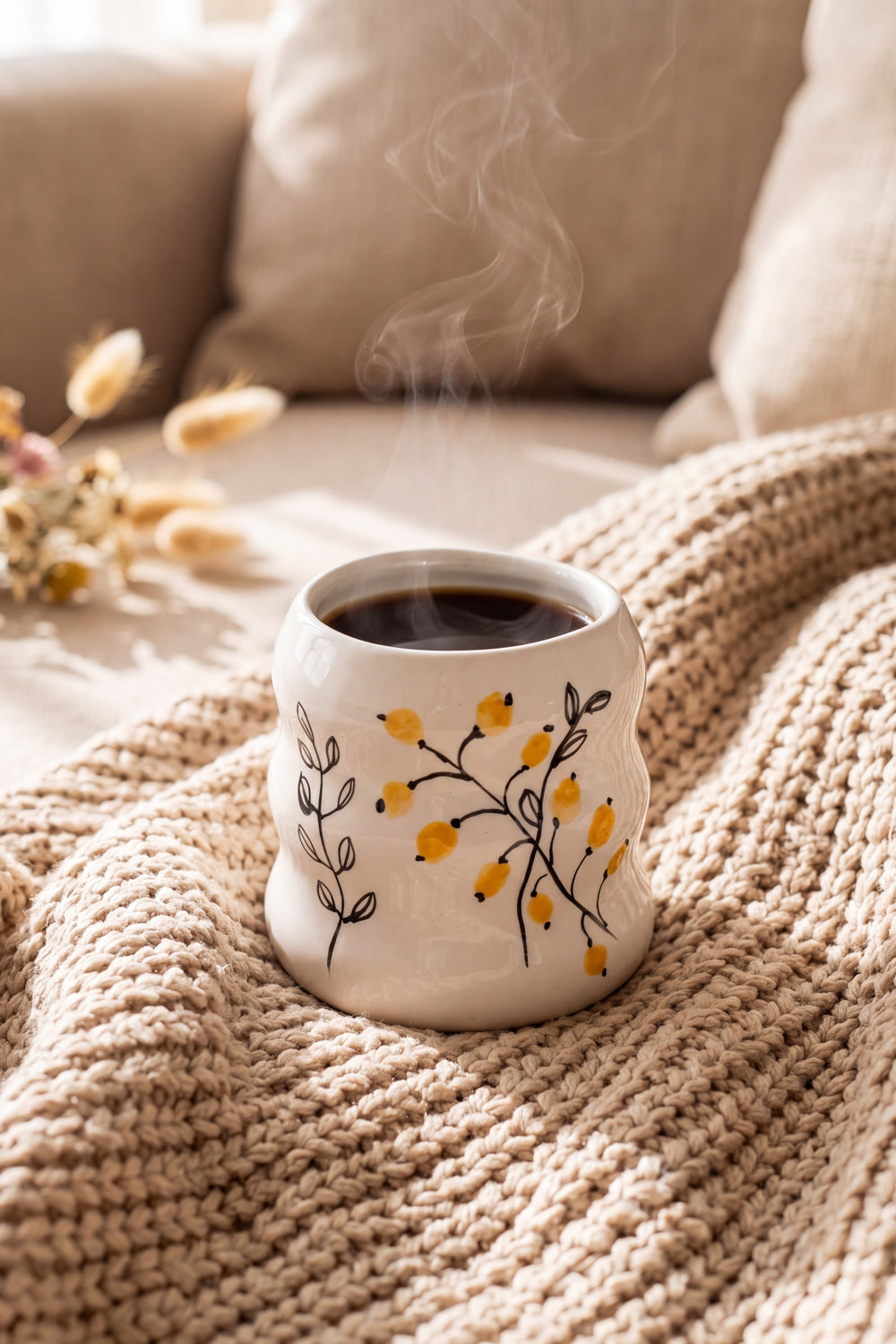 Sarı Çiçekler Amore el yapımı seramik kahve kupası örgü battaniye üzerinde