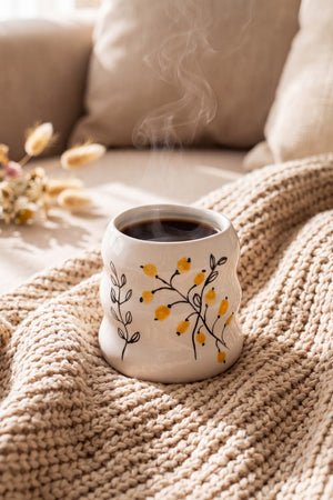 Sarı Çiçekler Amore el yapımı seramik kahve kupası örgü battaniye üzerinde