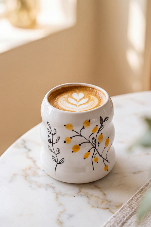 Sarı Çiçekler Amore seramik kupa mermer masada latte