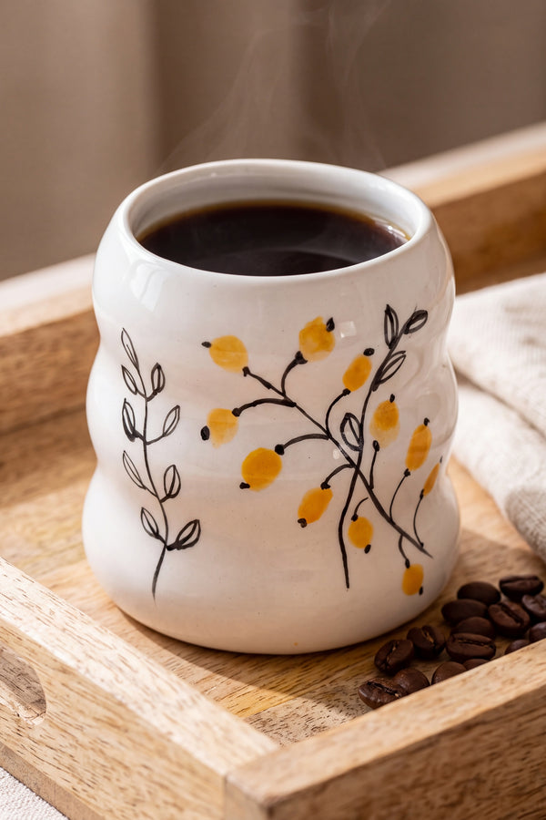Sarı Çiçekler Amore seramik kupa ahşap tepside yakın çekim
