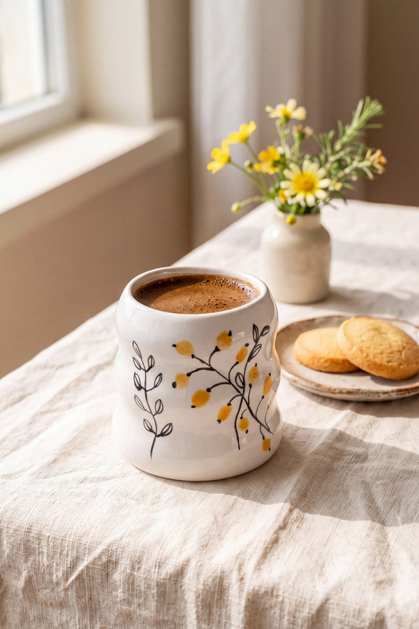 Sarı Çiçekler Amore seramik kupa keten masa örtüsünde kurabiye ve çiçeklerle