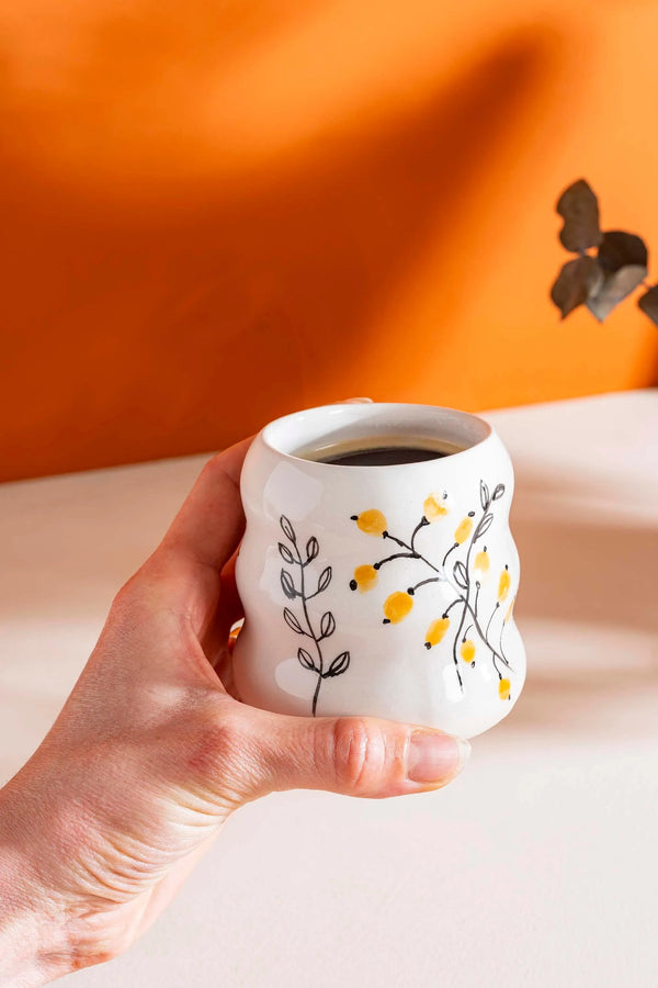 Sarı Çiçekler Amore El Yapımı Seramik Double Kahve Bardağı Mug Kupa