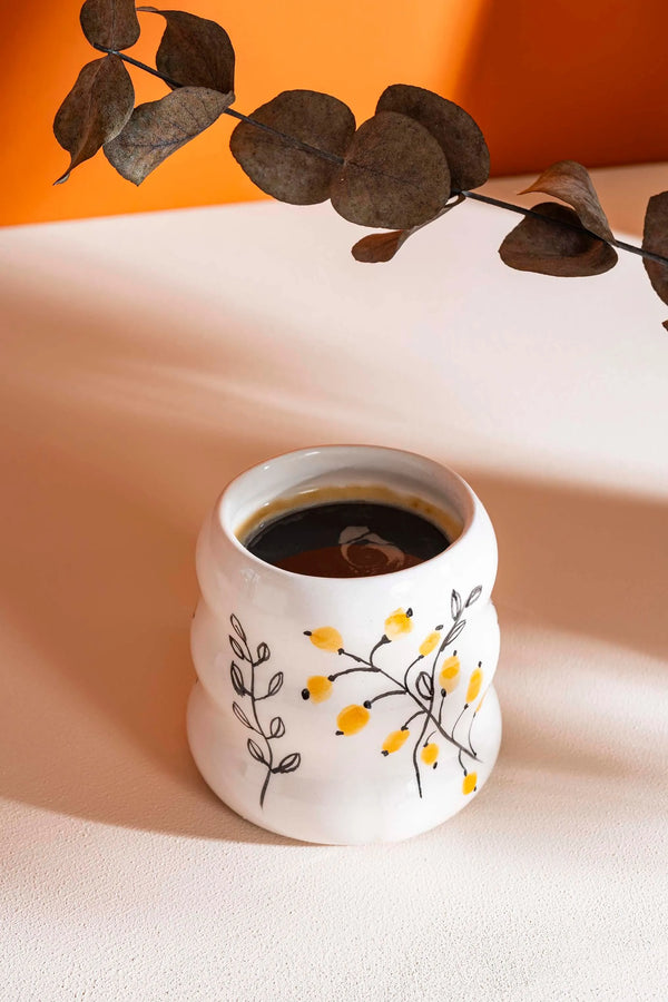 Sarı Çiçekler Amore El Yapımı Seramik Double Kahve Bardağı Mug Kupa