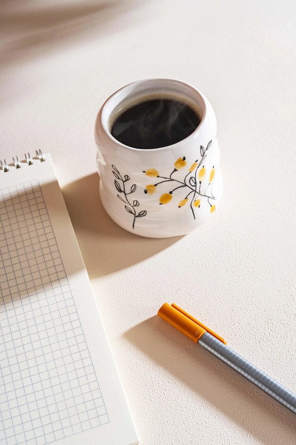 Sarı Çiçekler Amore El Yapımı Seramik Double Kahve Bardağı Mug Kupa
