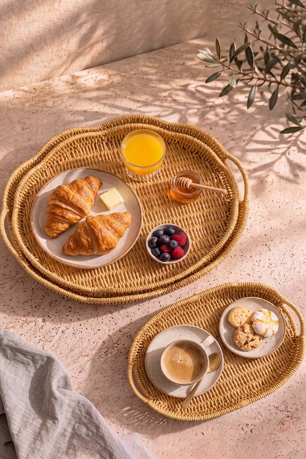 Oval Rattan Örme 3'lü Dekoratif Sunum Tepsisi Seti