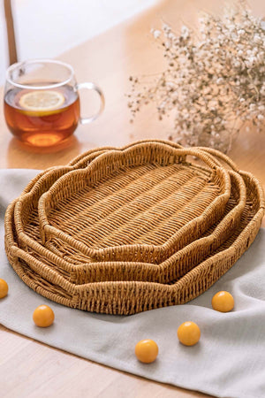 Oval Rattan Örme 3'lü Dekoratif Sunum Tepsisi Seti