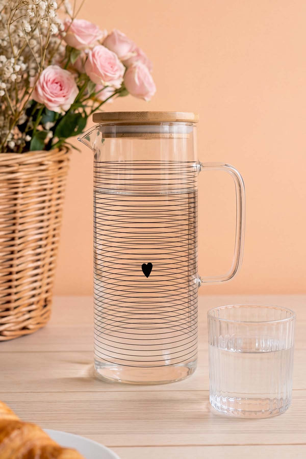 Heart Bambu Kapaklı Kulplu Cam Sürahi