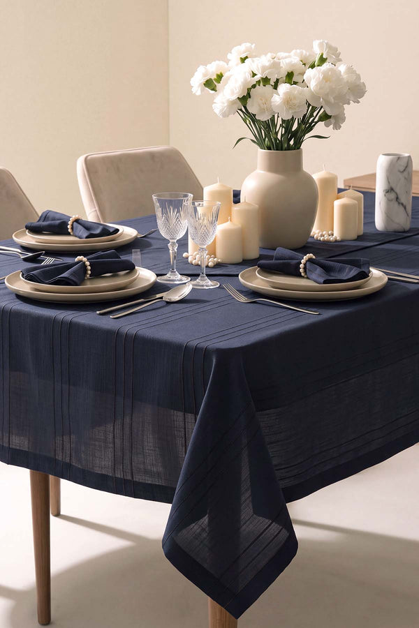 Colber Lacivert Çizgili Dertsiz Masa Örtüsü Seti, 12 Kişilik, 26 Parça