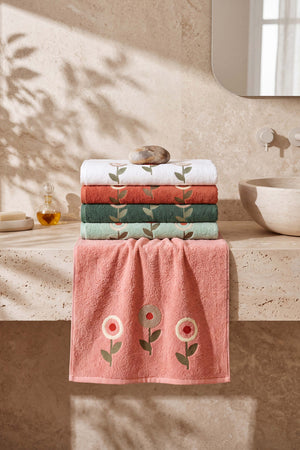 Luna Çiçek Nakışlı %100 Pamuklu 5'li Havlu Seti 50x90 cm