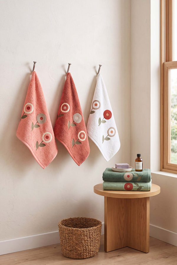 Luna Çiçek Nakışlı %100 Pamuklu 5'li Havlu Seti 50x90 cm