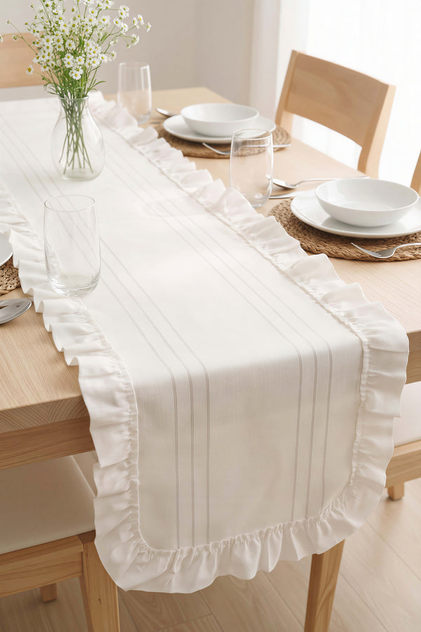 Beyaz Fırfırlı Colber Runner 45x115 cm