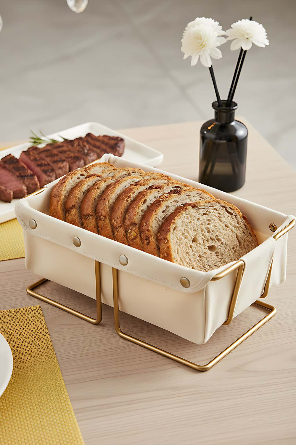 Gold Dikdörtgen Ekmek Sepeti & Çıkarılabilir Bej Kanvas Kumaş