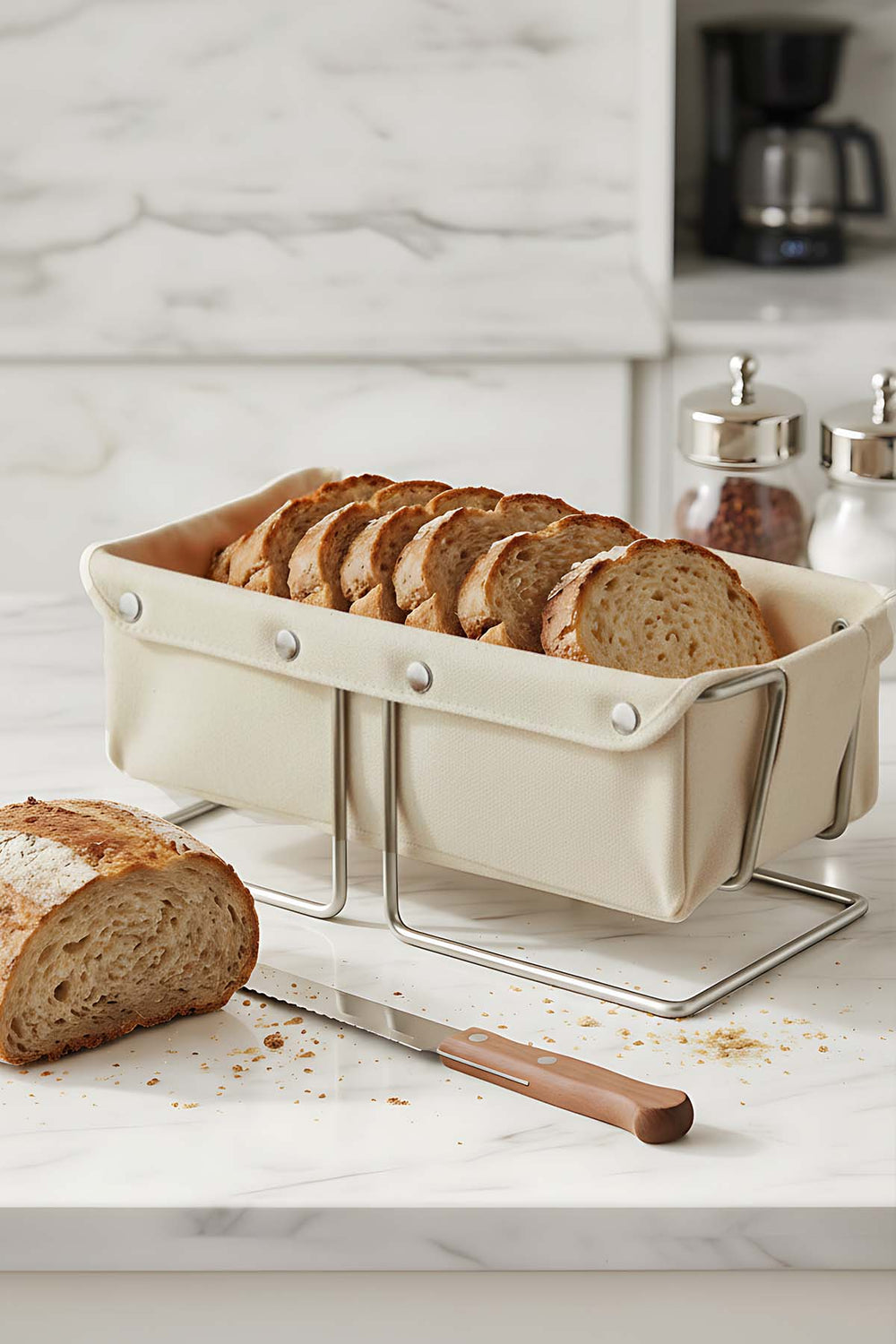 Silver Dikdörtgen Ekmek Sepeti & Çıkarılabilir Bej Kanvas Kumaş