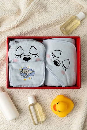 Bear Mavi %100 Pamuk Bebek Banyo Seti