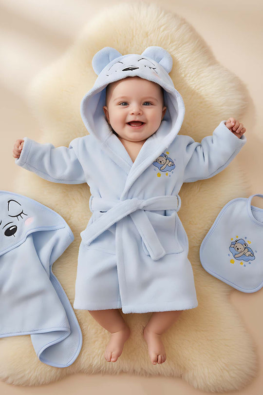 Bear Mavi %100 Pamuk Bebek Banyo Seti