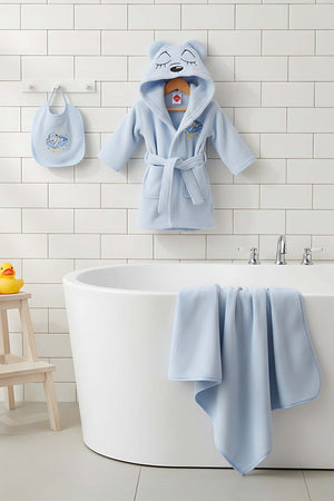 Bear Mavi %100 Pamuk Bebek Banyo Seti