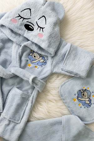 Bear Mavi %100 Pamuk Bebek Banyo Seti