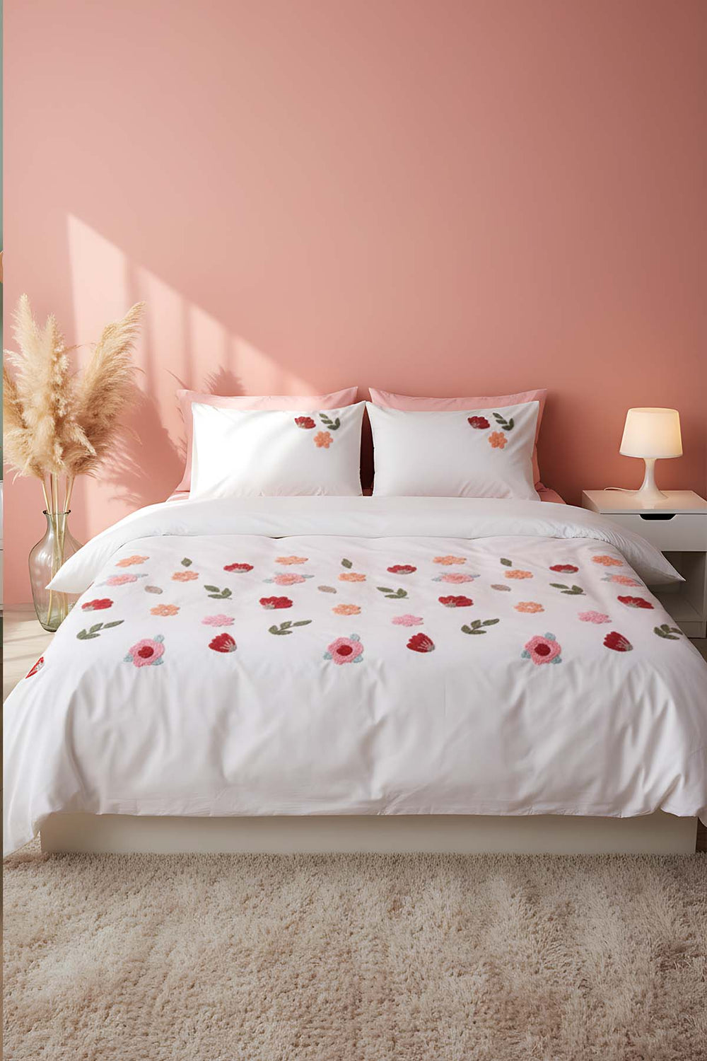 Puff Nakışlı Blossom Somon Çift Kişilik %100 Pamuklu Nevresim Takımı - 6 Parça Çeyiz Seti