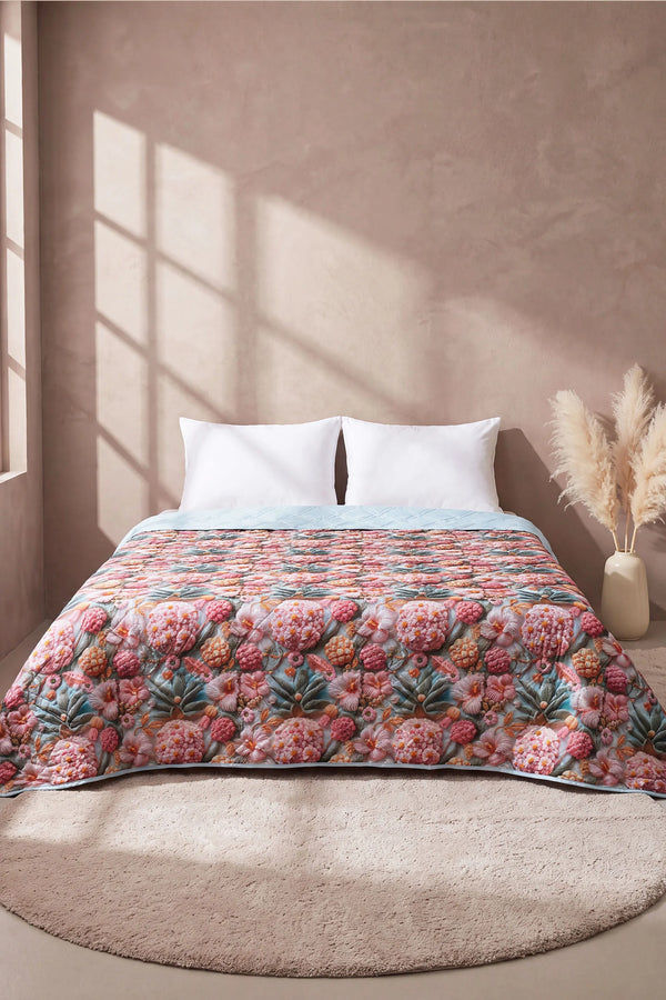 Tropik Çiçekler 5D Çok Amaçlı Tek Kişilik Baskılı Pike & Yatak Örtüsü 160x220 cm