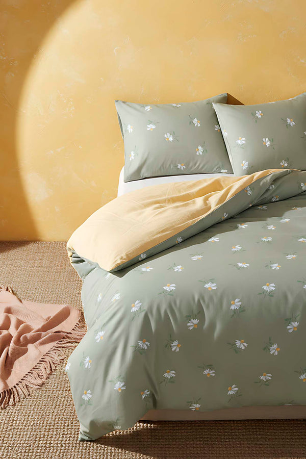 Yeşil Papatya Çift Kişilik Naturel İpeksi Outlet Nevresim Takımı