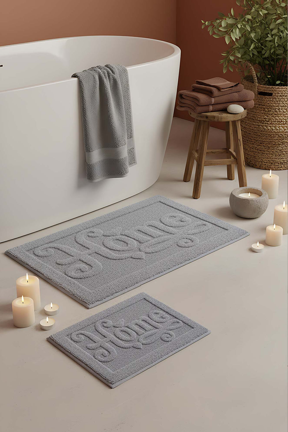 Açık Gri Home Kabartmalı Pamuklu 2’li Banyo & Klozet Paspas Takımı