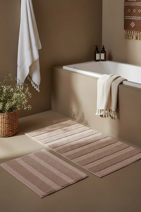 Bej Kabartmalı Çizgili 2’li Banyo & Klozet Paspas Takımı
