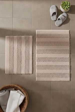 Bej Kabartmalı Çizgili 2’li Banyo & Klozet Paspas Takımı