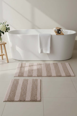 Bej Kabartmalı Çizgili 2’li Banyo & Klozet Paspas Takımı