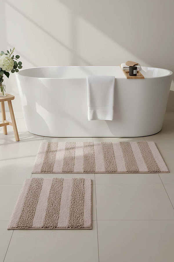 Bej Kabartmalı Çizgili 2’li Banyo & Klozet Paspas Takımı