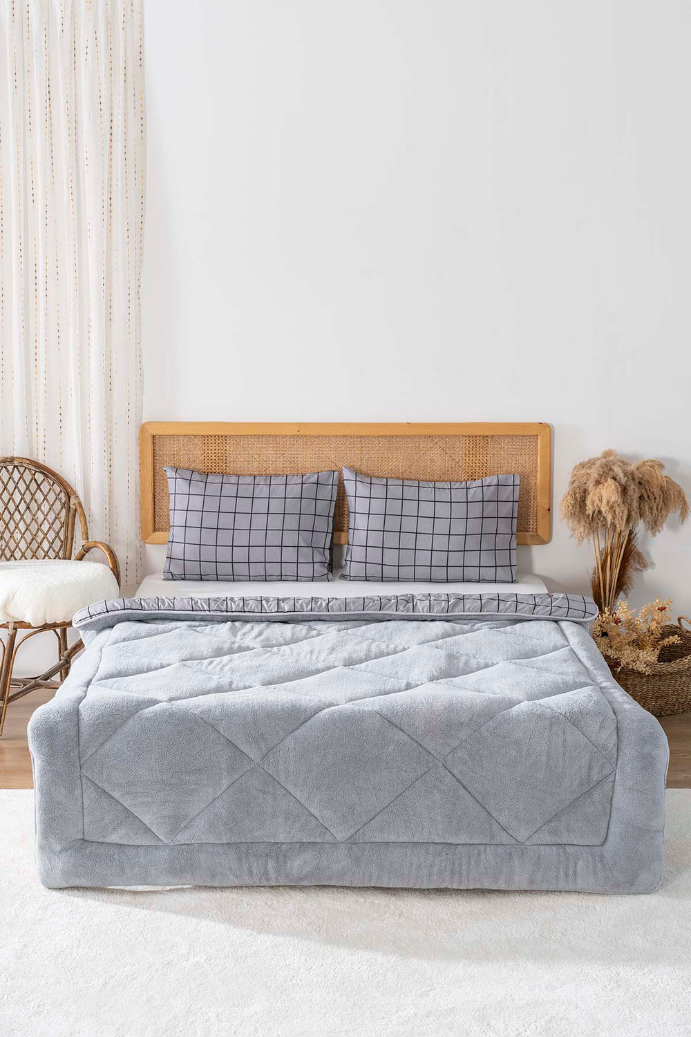Gri Kareli Loura Tek Kişilik Çift Taraflı Lüx Wellsoft Yorgan Seti 155x215 cm