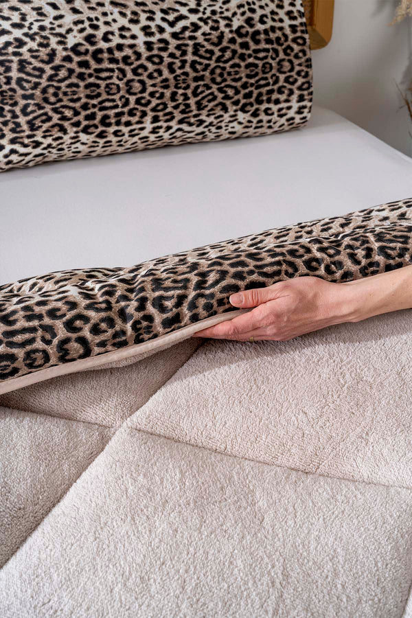 Bej Leopar Loura Çift Kişilik Çift Taraflı Lüx Wellsoft Yorgan Seti 195x215 cm