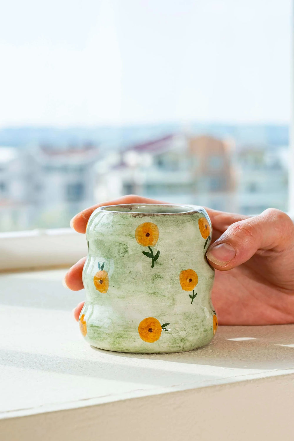 Yeşil Çiçek Amore El Yapımı Seramik Double Kahve Bardağı Mug Kupa