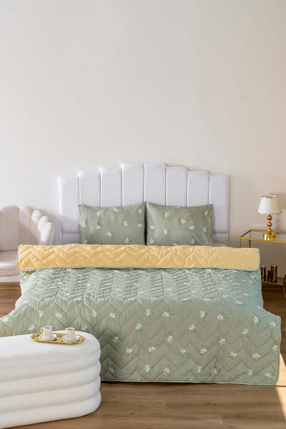 Yeşil Papatya Kapitone Tek Kişilik Pamuklu Pike & Yatak Örtüsü