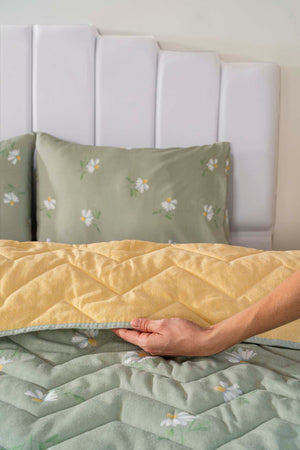 Yeşil Papatya Kapitone Tek Kişilik Pamuklu Pike & Yatak Örtüsü