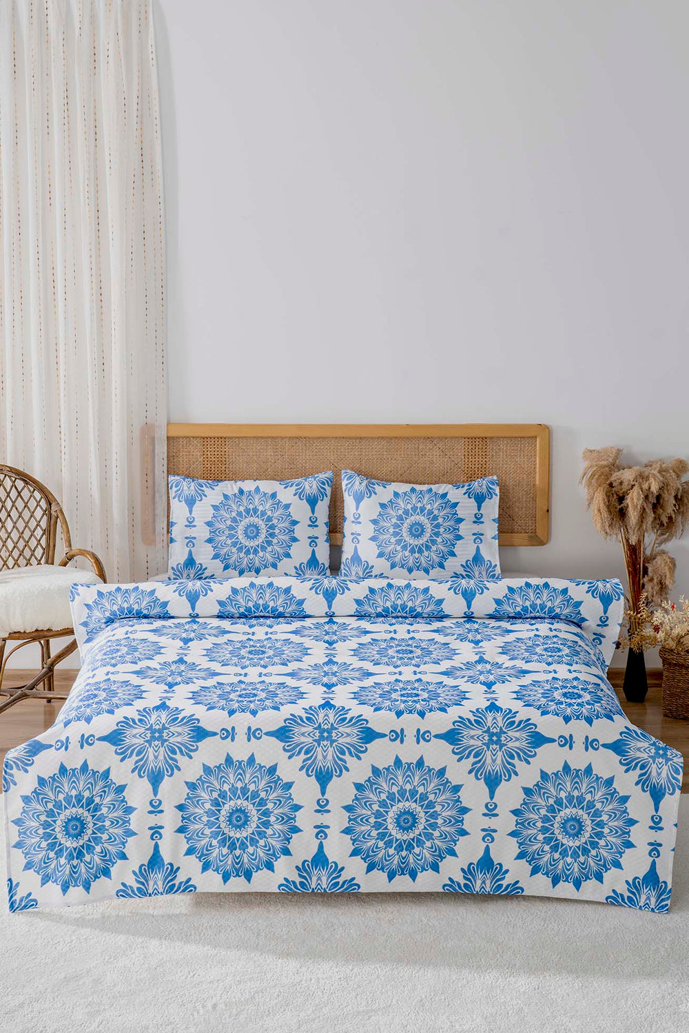 Alaçatı Mavi Çift Kişilik Baskılı Pike 200 x 220 cm