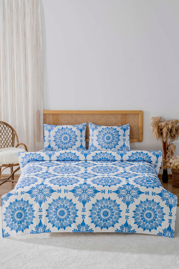 Alaçatı Mavi Çift Kişilik Baskılı Pike 200 x 220 cm