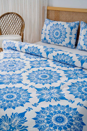 Alaçatı Mavi Çift Kişilik Baskılı Pike 200 x 220 cm