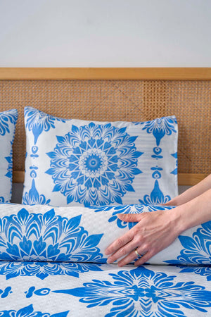 Alaçatı Mavi Çift Kişilik Baskılı Pike 200 x 220 cm