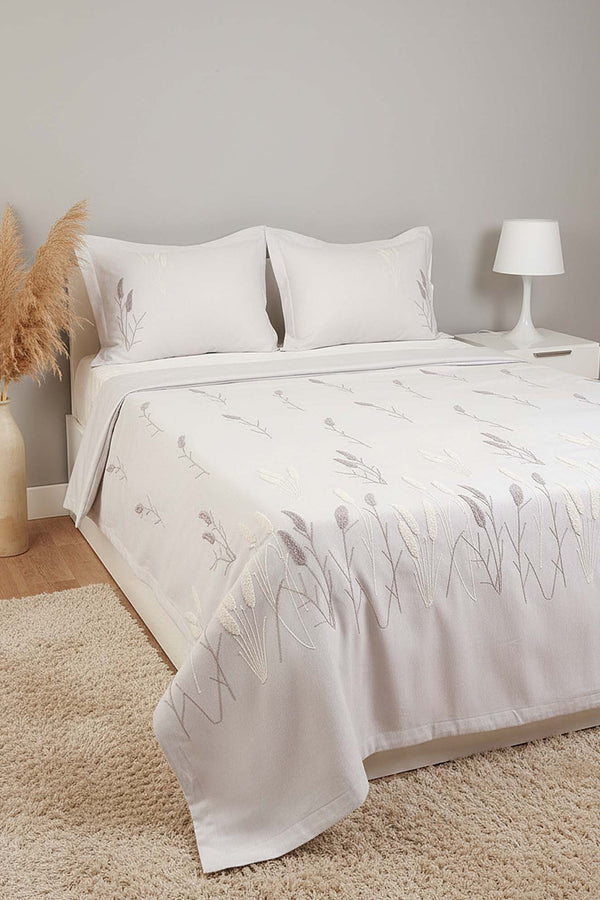 Açık Gri Willow Breeze Desen Çift Kişilik Yatak Örtüsü Takımı 3 Parça Uyku & Çeyiz Seti