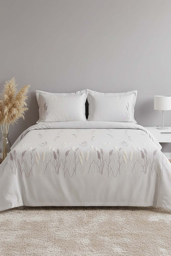 Açık Gri Willow Breeze Desen Çift Kişilik Yatak Örtüsü Takımı 3 Parça Uyku & Çeyiz Seti