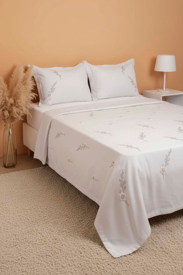 Açık Gri Seren Desen Çift Kişilik Nakışlı Yatak Örtüsü Seti