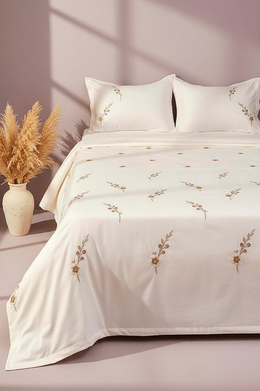 Ekru Seren Desen Çift Kişilik Nakışlı Yatak Örtüsü Seti